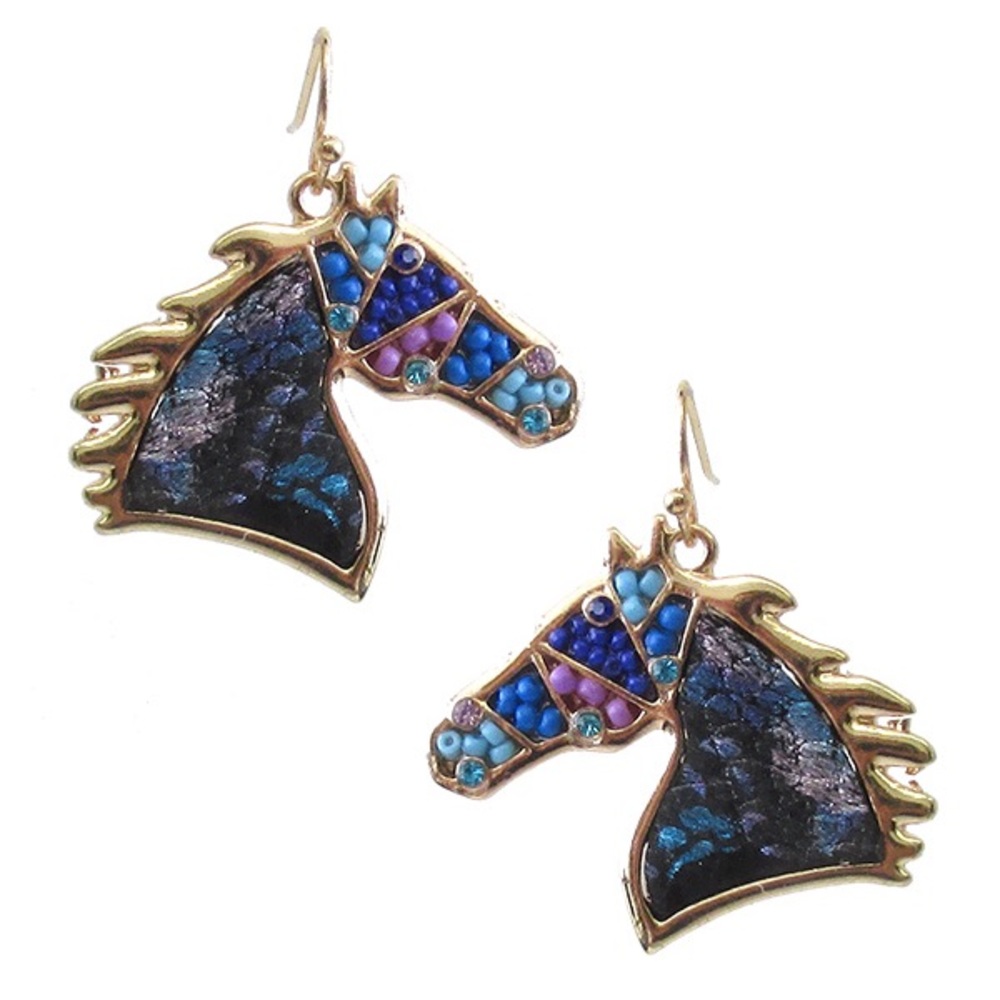 Blue seedbead horse earrings